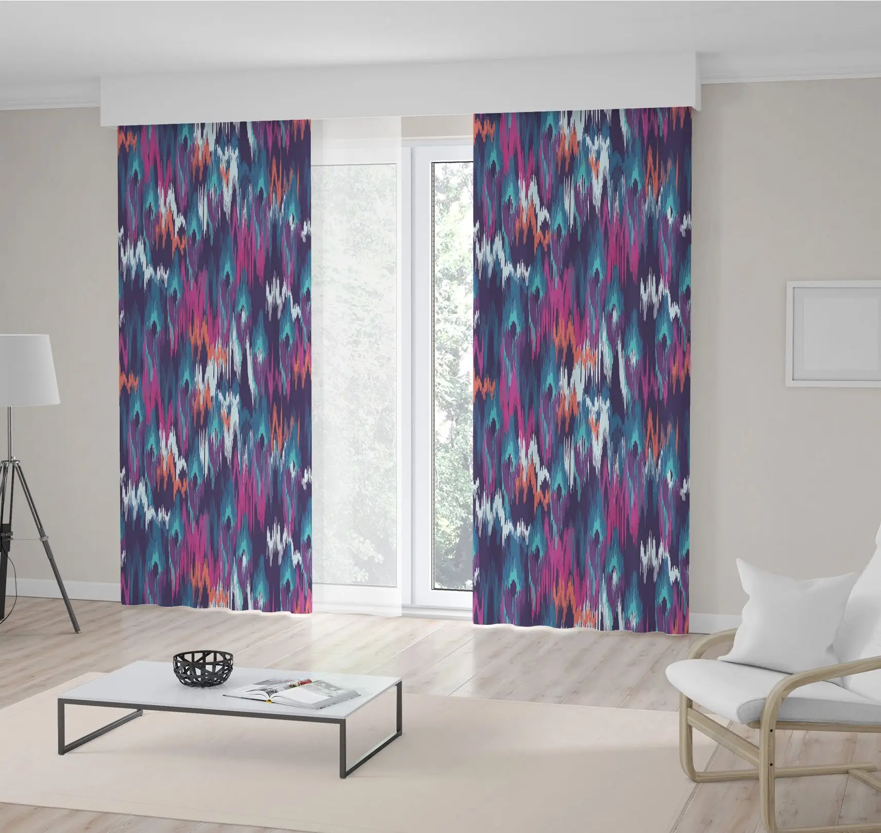 

Curtain of Classic Oriental Style Ikat Pattern in Navy Blue Orange Fuchsia Vintage Home Decorating