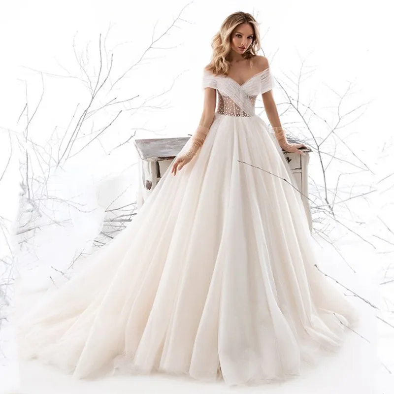

Wedding Dress 2021 A-Line Princess Cap Sleeve Sweep Train Tulle Bridal Gowns Pleat Elegant V-Neck Charming Robe De Mariee Cheap