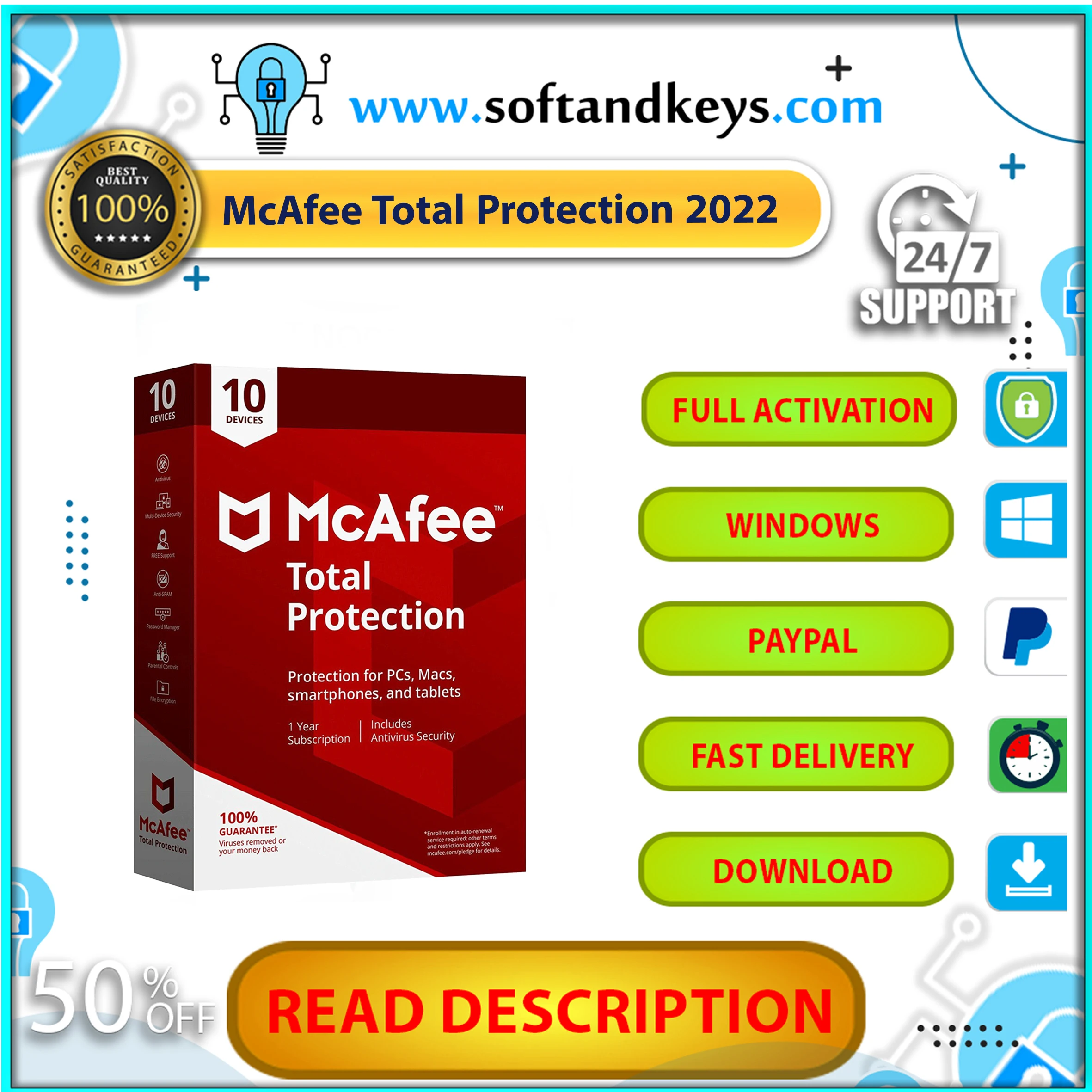 

{McAfee тотальная защита 2021 /1 устройств, 5 лет глобальная клавиша для Windows}