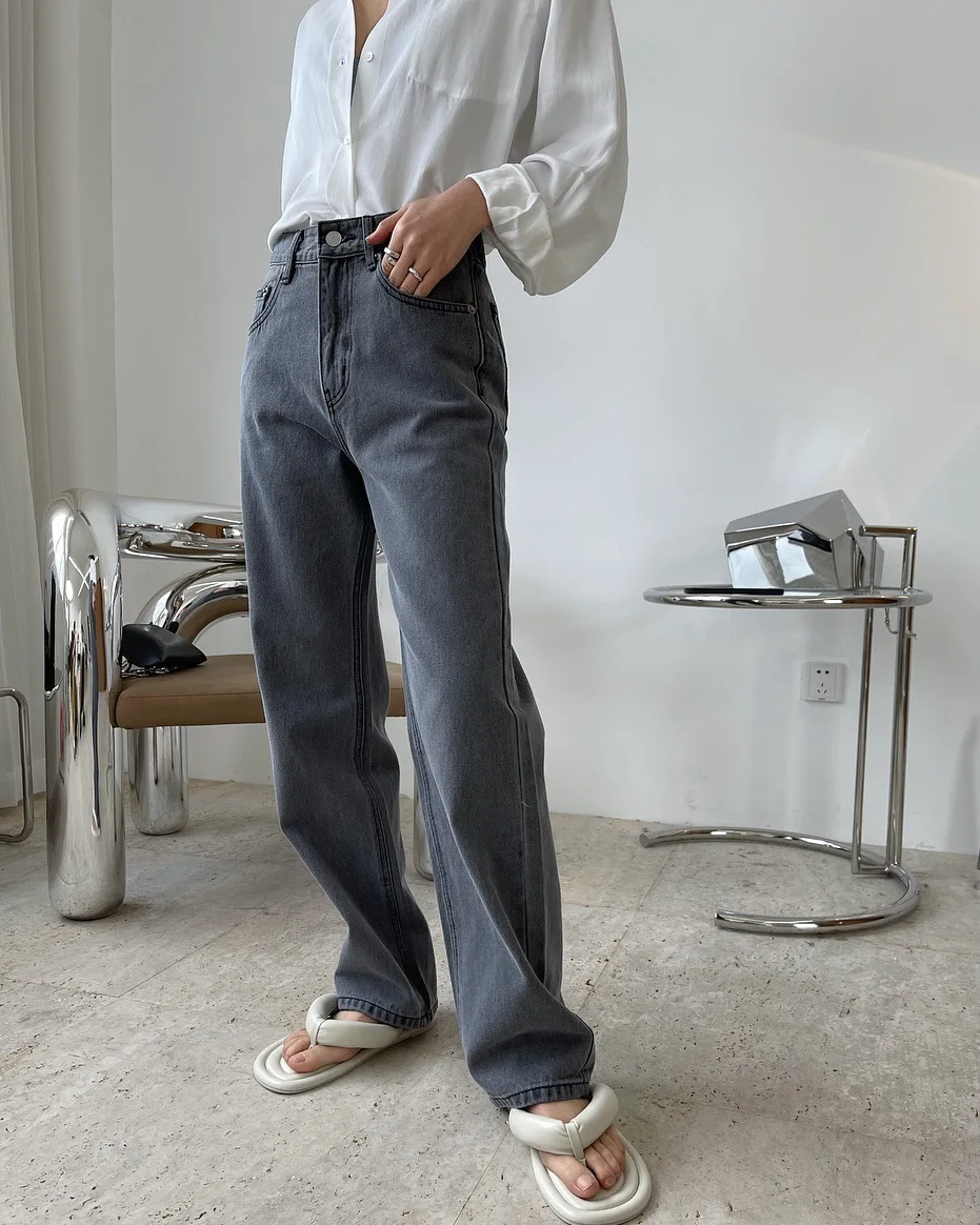 spring woman straight stretch grey long jeans