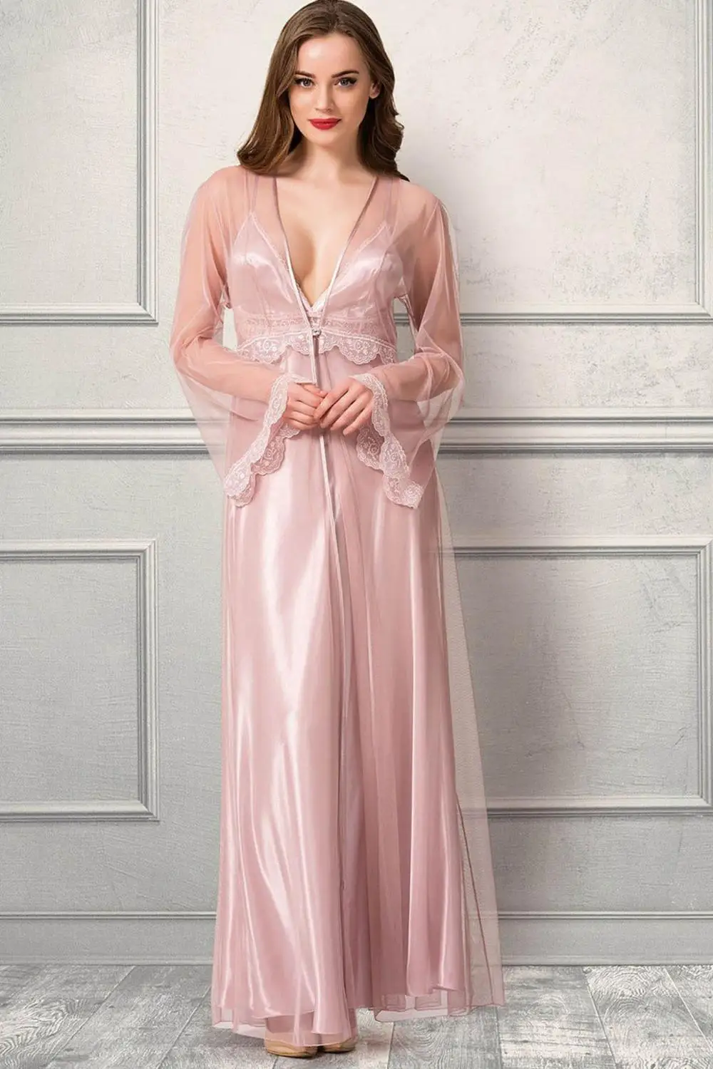

Women's White Nightgown Dressing Gown Pajamas Set Satin Lace Comfortable Sleep at Home Wearable in Bed 2 piece Underwear Soft Mo