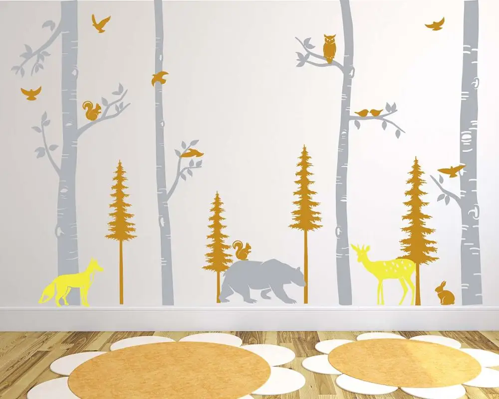 Forest Birch Tree Wall Decal with Animals Baby Nursery Stickers Pine and Trees | Дом и сад