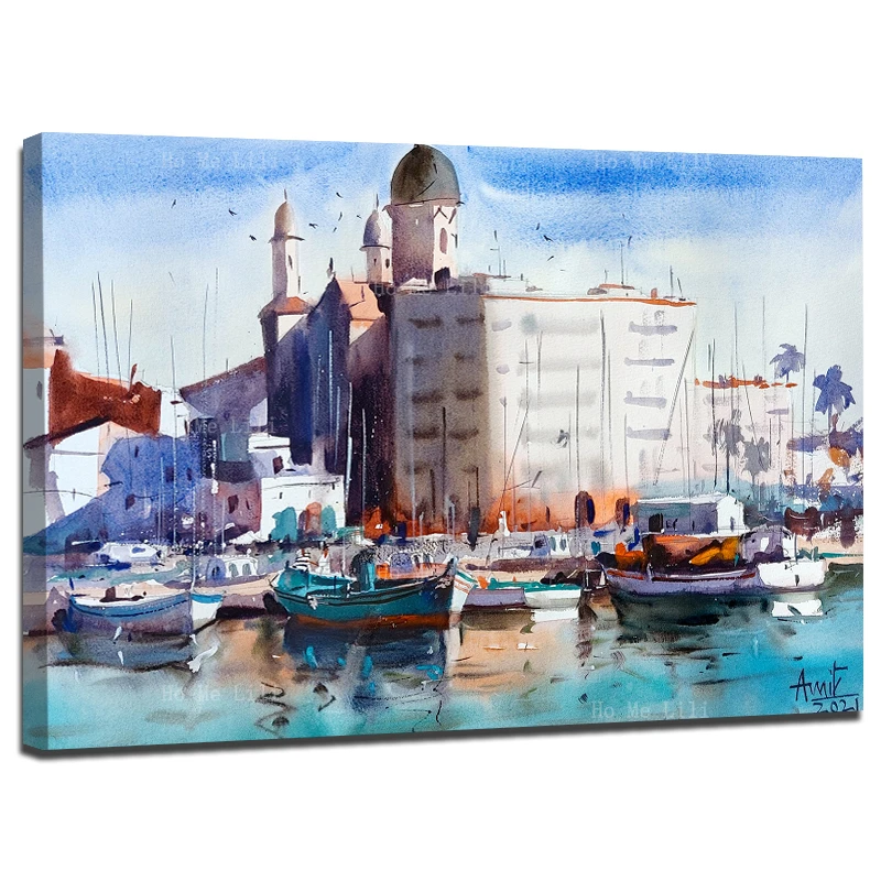 

New Delhi India City Scenery Boat Building Abstract Watercolor Painting Canvas Wall Art By Ho Me Lili For Livingroom Home Decor