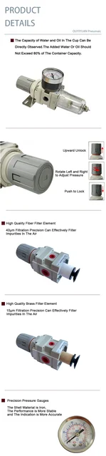 Lega Zinco Filtro Regolatore Lubrificatore Aria Compressa 1/4" BSPP - Con Manometro, Scarico Semiautomatico Manometro 0-16 Bar - Foto 5