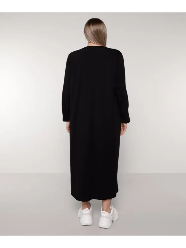 

Plus Size Natural Fabric Striped Knitted Dress - Black and White Maxi Oversized Crew Neck Comfortable Fit Sports Wear Daily Musl