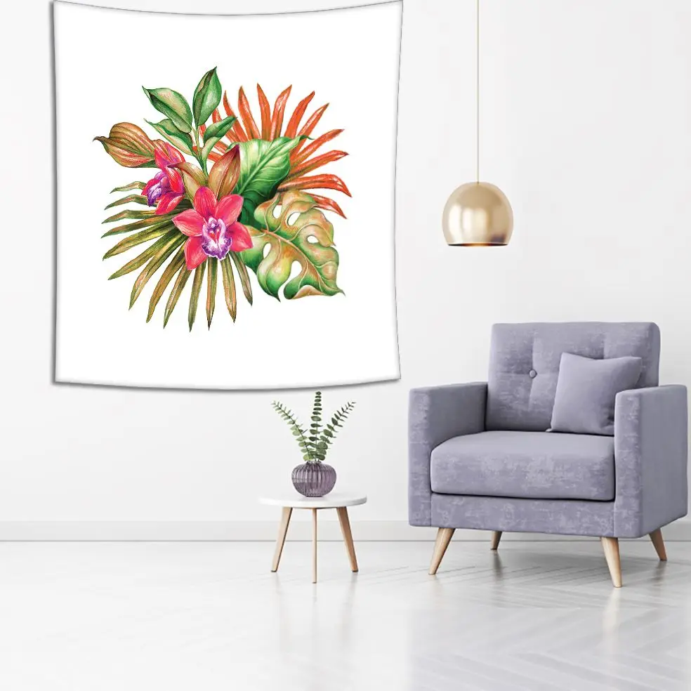 Гобелен тропический букет с большими листьями цветы орхидеи ботанический