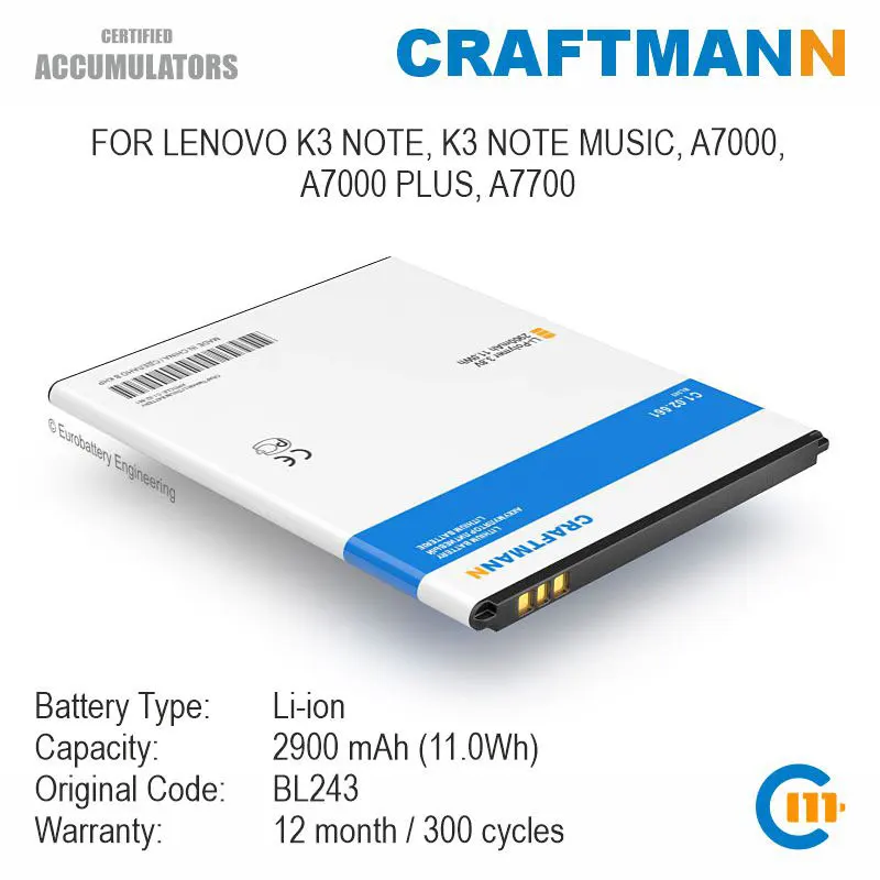 Аккумулятор 2900 мАч для LENOVO K3 NOTE MUSIC A7000 PLUS A7700 (BL243)|Аккумуляторы мобильных