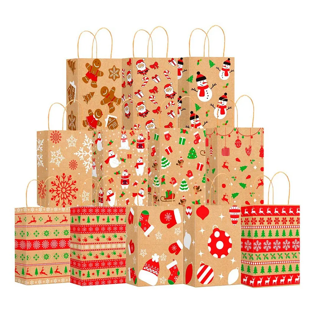 

6pcs Christmas Kraft Paper Gift Bags Snowflakes Merry Christmas Candy Cookie Packaging Bag 2022 New Year Party Natal Kids Favors