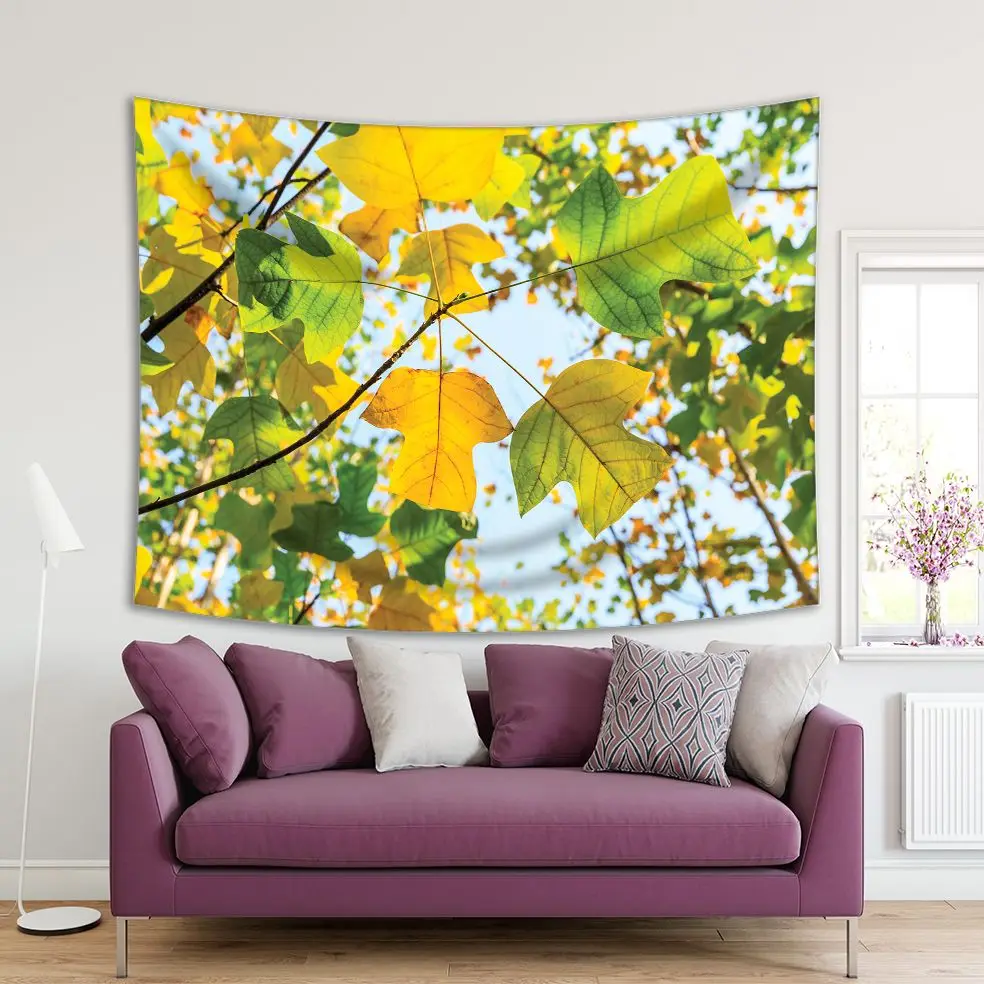 

Tapestry Colorful Autumn Leaves Tree Branch Forest in Sunny Day Outdoor Nature Photo Yellow Green Blue