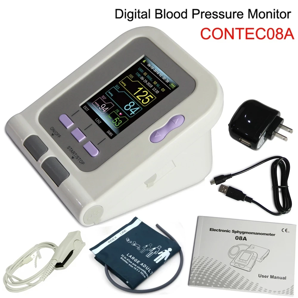

CONTEC08A Blood Pressure Monitor Meter Digital Arm Tensiometers LCD Display SPO2 Probe NIBP Large Adult Cuff Sphygmomanometer
