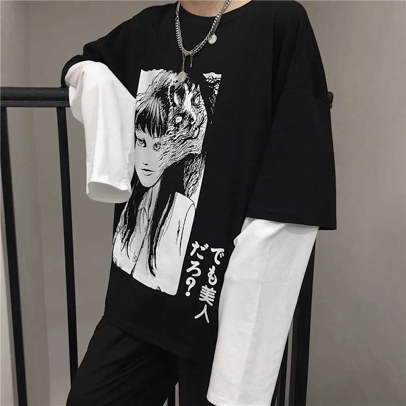 NiceMix Harajuku футболка женская поддельная 2 шт. принт японский Fujiang Ужасы комиксы длинный рукав рубашка Женская Vetement Femme