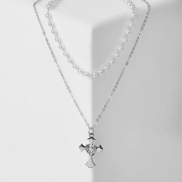 Кулон &quotЦепь&quot нить из жемчуга крест с сердцем цвет белый в серебре 35 см |