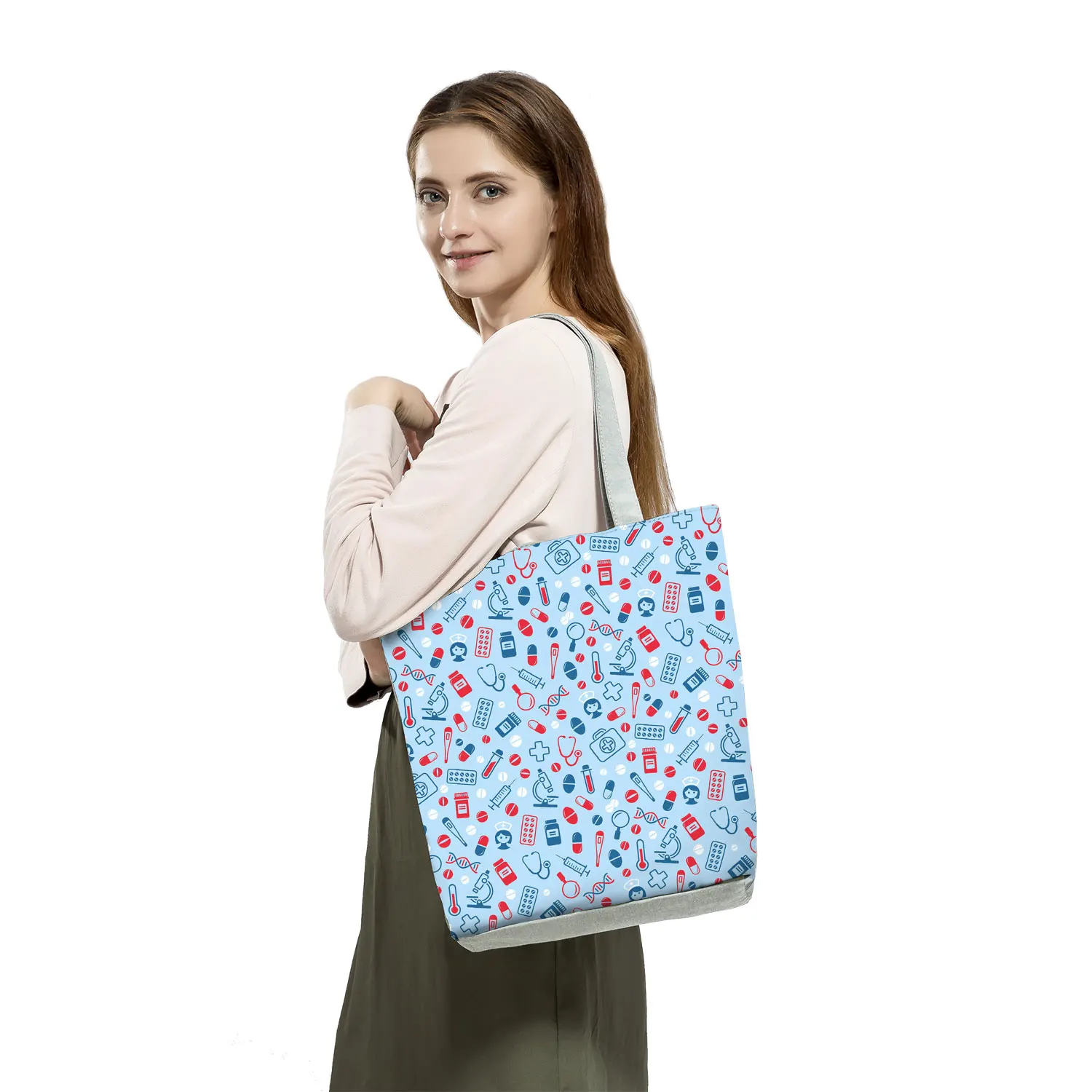 Fashion Nurse Pattern Shoulder Bags Medical Box Print Handbags for Women All-Match Portable Shopping Bag High Capacity Beach Bag