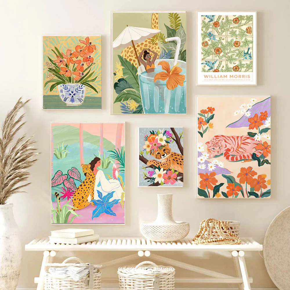 

Tropical Jungle Girl Animals Tiger Leopard Flower Canvas Painting Abstract Poster and Print Living Room Wall Art Home Decor