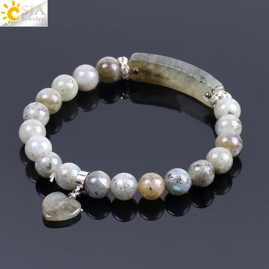 CSJA Genuine 8MM Labradorite Bracelets Love Heart Natural Stone Round Crystal Spectrolite Bead Bracelet on Hand Protection F103