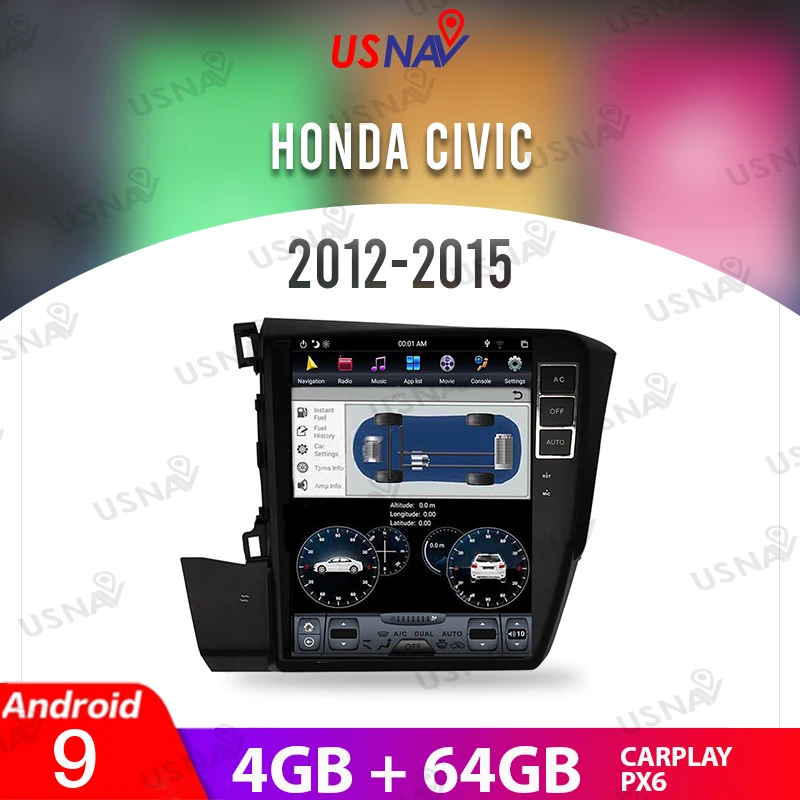 

USNAV 10.4" For Honda Civic 2012-2015 Android 9.0 Tesla Style Screen PX6 Car Multimedia GPS Navi Stereo Head Unit Carplay Radio