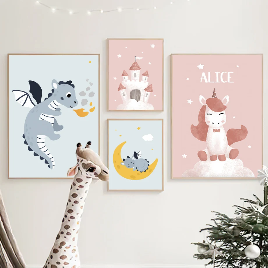 

Pink Castle In The Sky Unicorn Fire Dragon Moon Wall Art Canvas Painting Nordic Posters And Prints Wall Pictures Baby Kids Room