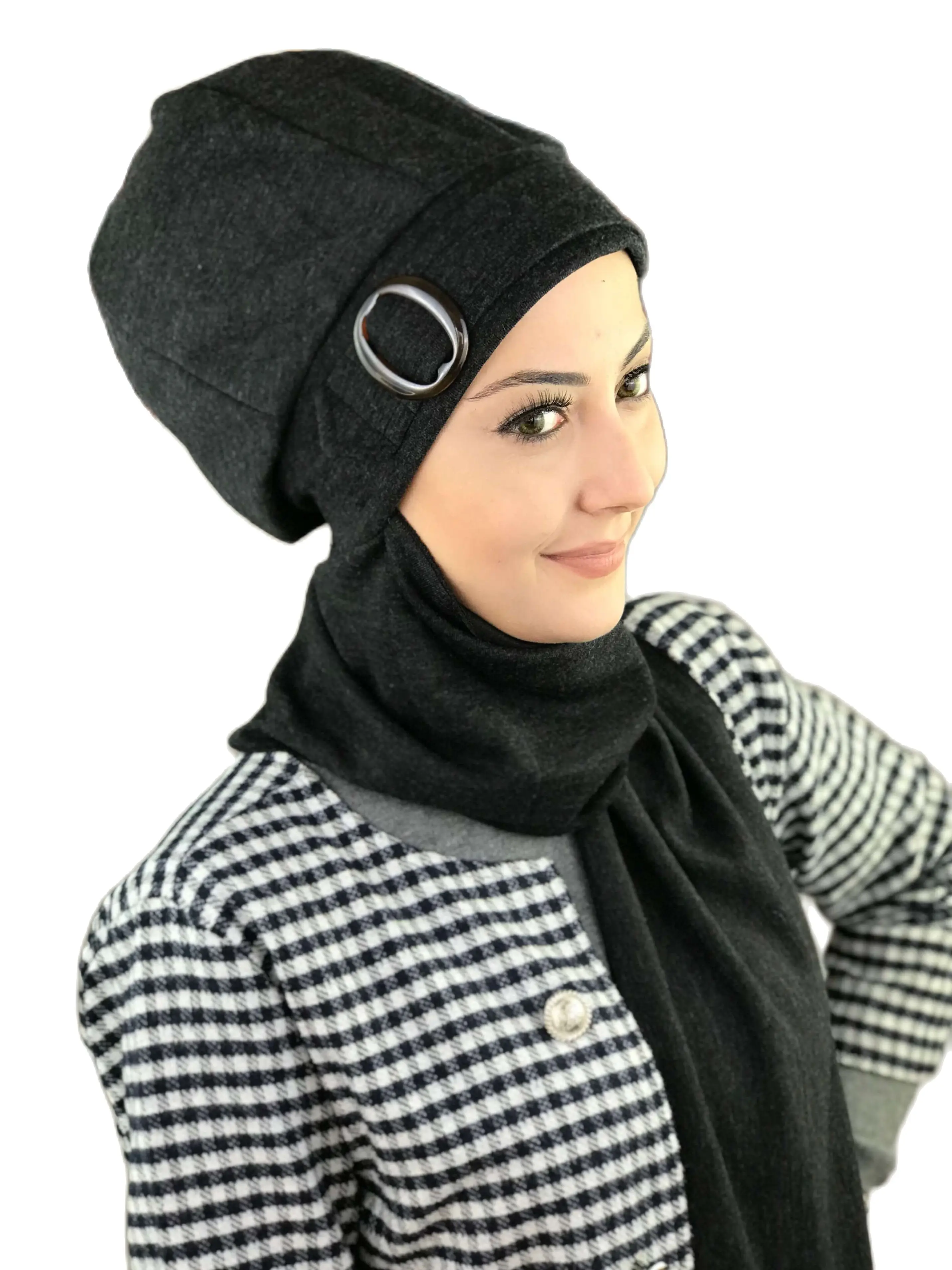 

New Fashion Hijab Women Muslim 2021 Turban Cancer Chemo Head Wrap Scarf Bonnet Dark Anthracite Buckled Scarf Beret Shawl