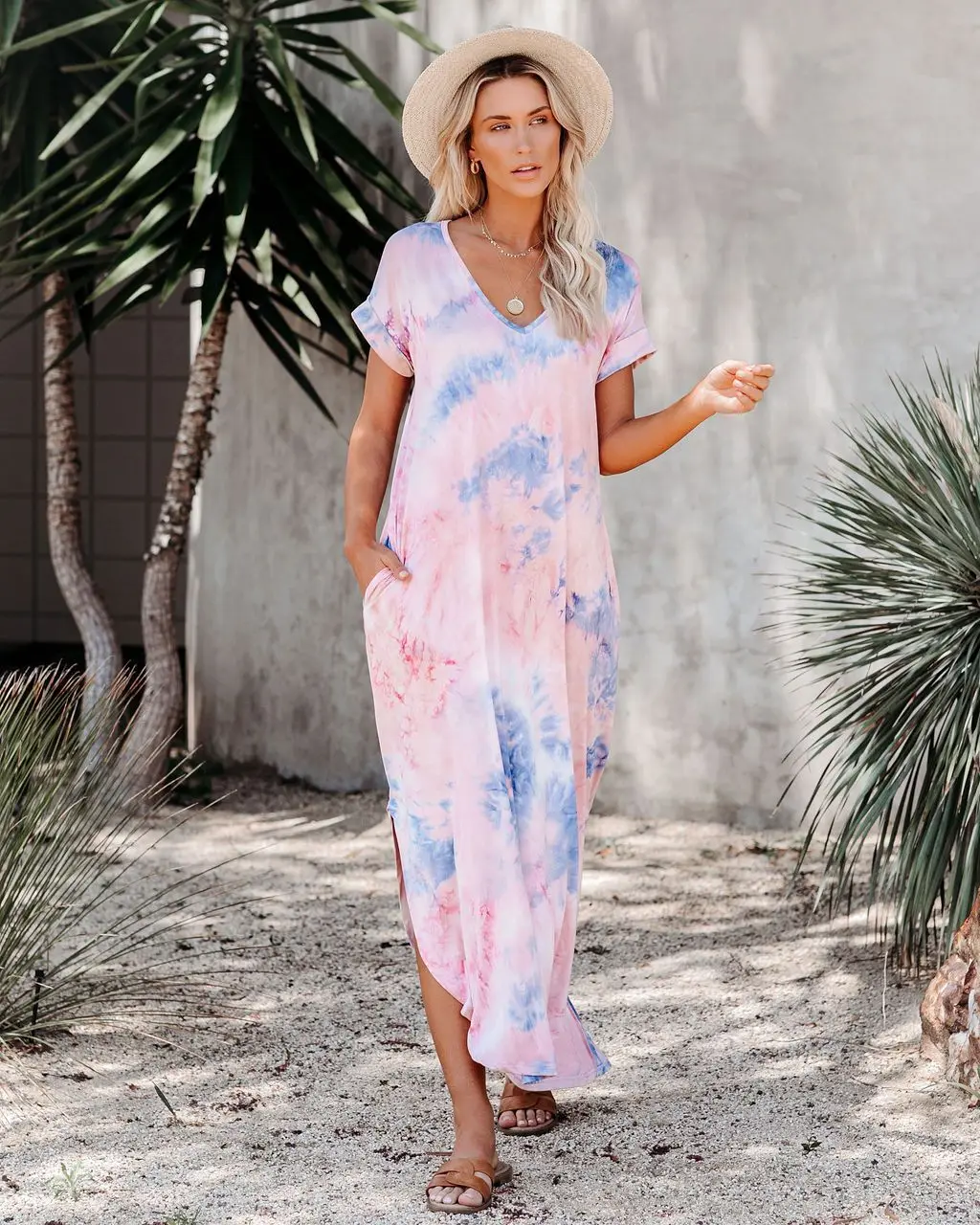 

Summer Ladies Tie dye Print Dress Stylish Short-Sleeved Irregular Dress Ankle-length Casual Loose Dresses Women