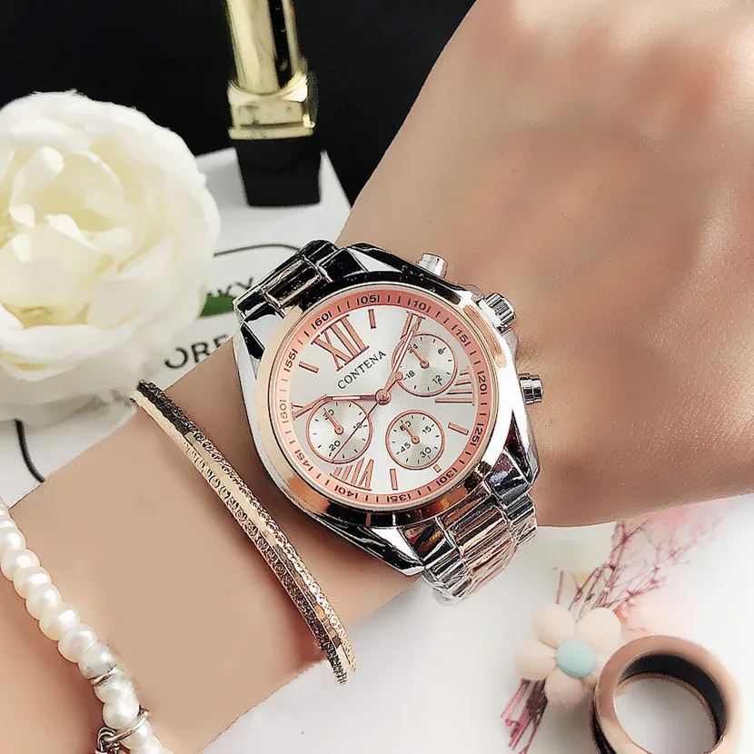 Часы женские кварцевые под розовое золото с браслетом из нержавеющей стали