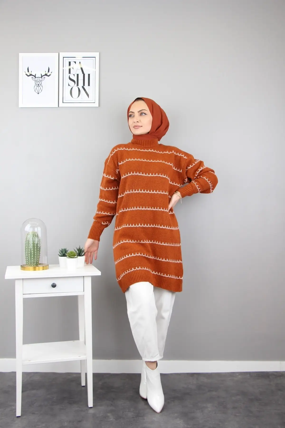 

Islamic Striped Tunic Shirt For Muslim Women Turtle Neck Full Sleeve Denim Sweater Female 2021 Fashion New Clothing Autumn Tide
