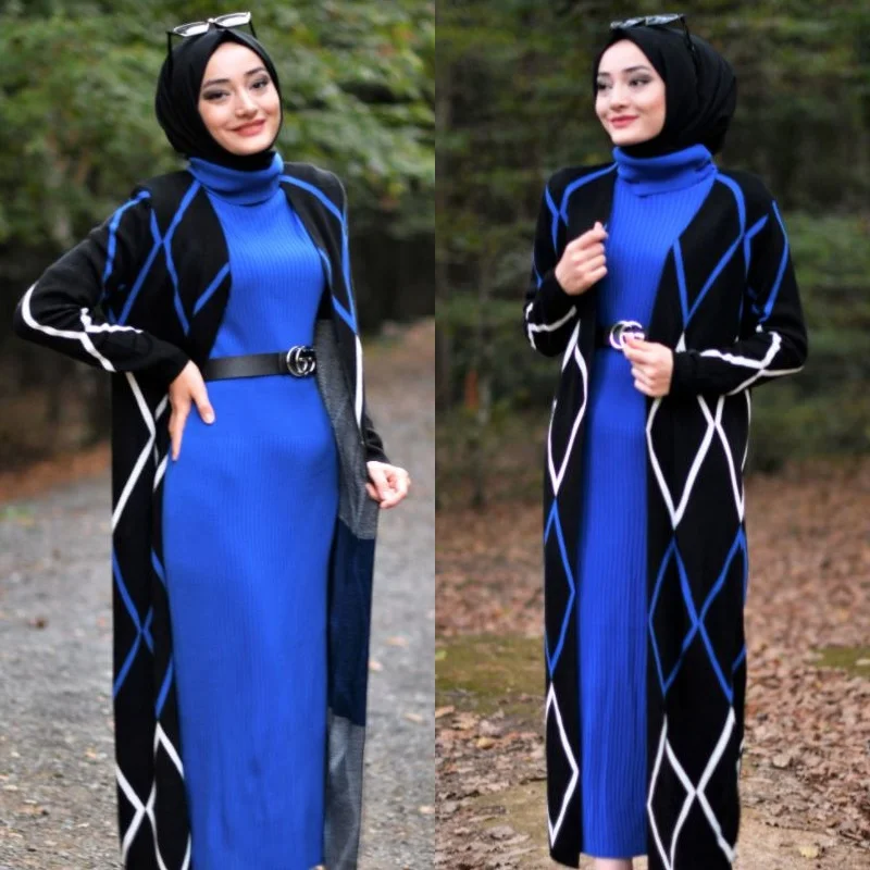 

2 Pieces Women Sets Knitted Dress + Long Cardigan Muslim Fashion Patterned Double Suit Turkey 2021 Abayas Islamic Clothing Abaya