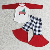 fall winter kids clothing christmas black and white plaid car tree red long sleeved top flared pants suit childrens clothes
