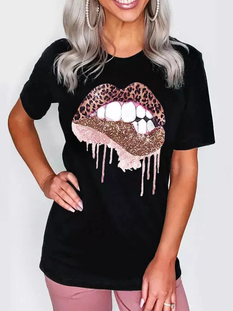 

Fashion Women's Lip Printed Pullover Tops Round Neck Short Sleeve Women Female Casual T-Shirt Harajuku Black Top
