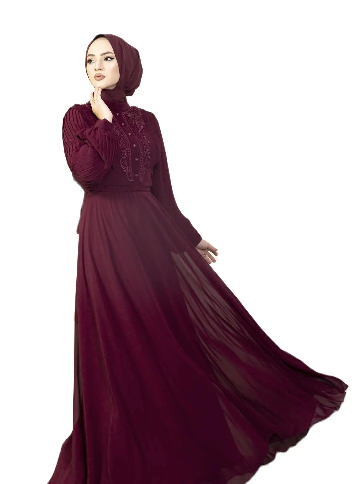 Новая мода грудь с вышивкой рукава плиссированные бордовое красное вечернее платье хиджаб женское длинное вечернее платье рамадан кафтан ...