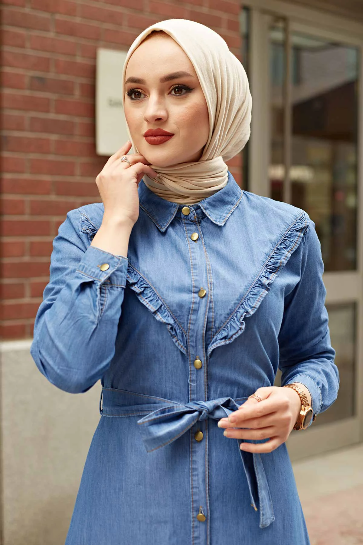 

Women Front Frilly Denim Dress Ramadan Eid Mubarak Abaya Dubai Turkey Muslim Hijab Kaftan Islamic Clothing for Femme Vestidos