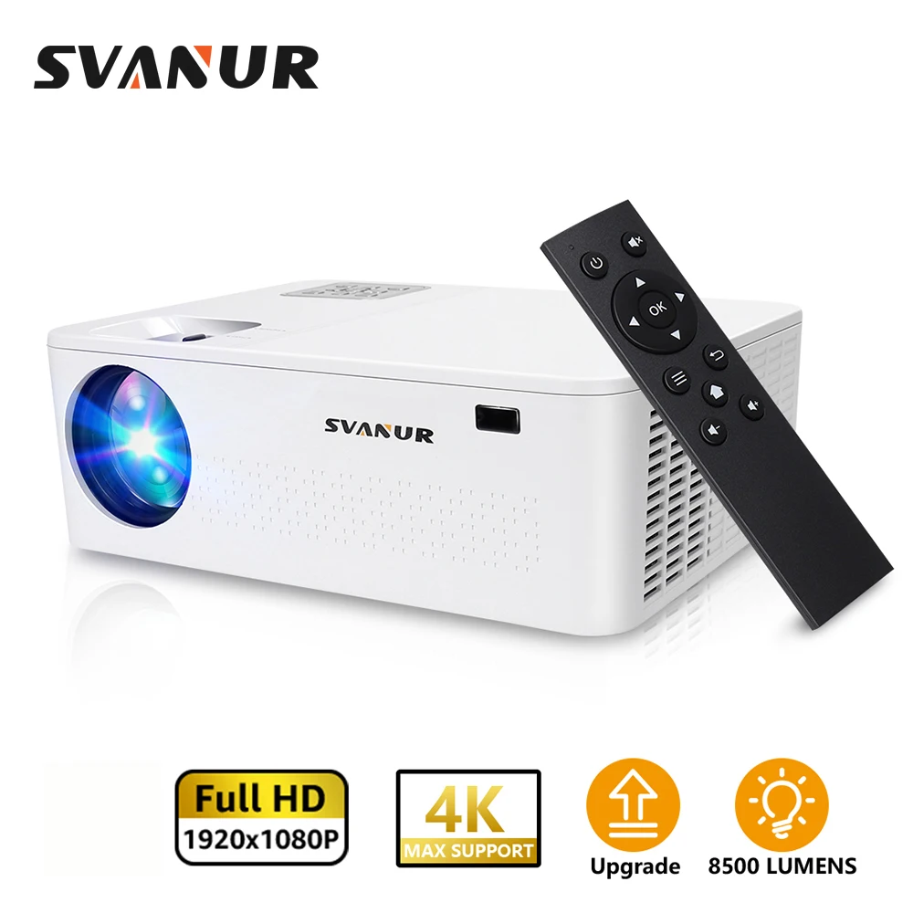 

SVANUR Проектор Full HD, встроенный проектор 1080P с поддержкой 4K, 8500 люмен, Bluetooth, 3D-проектор детской конструкции, проектор AC3 для видео, домашнего кин...