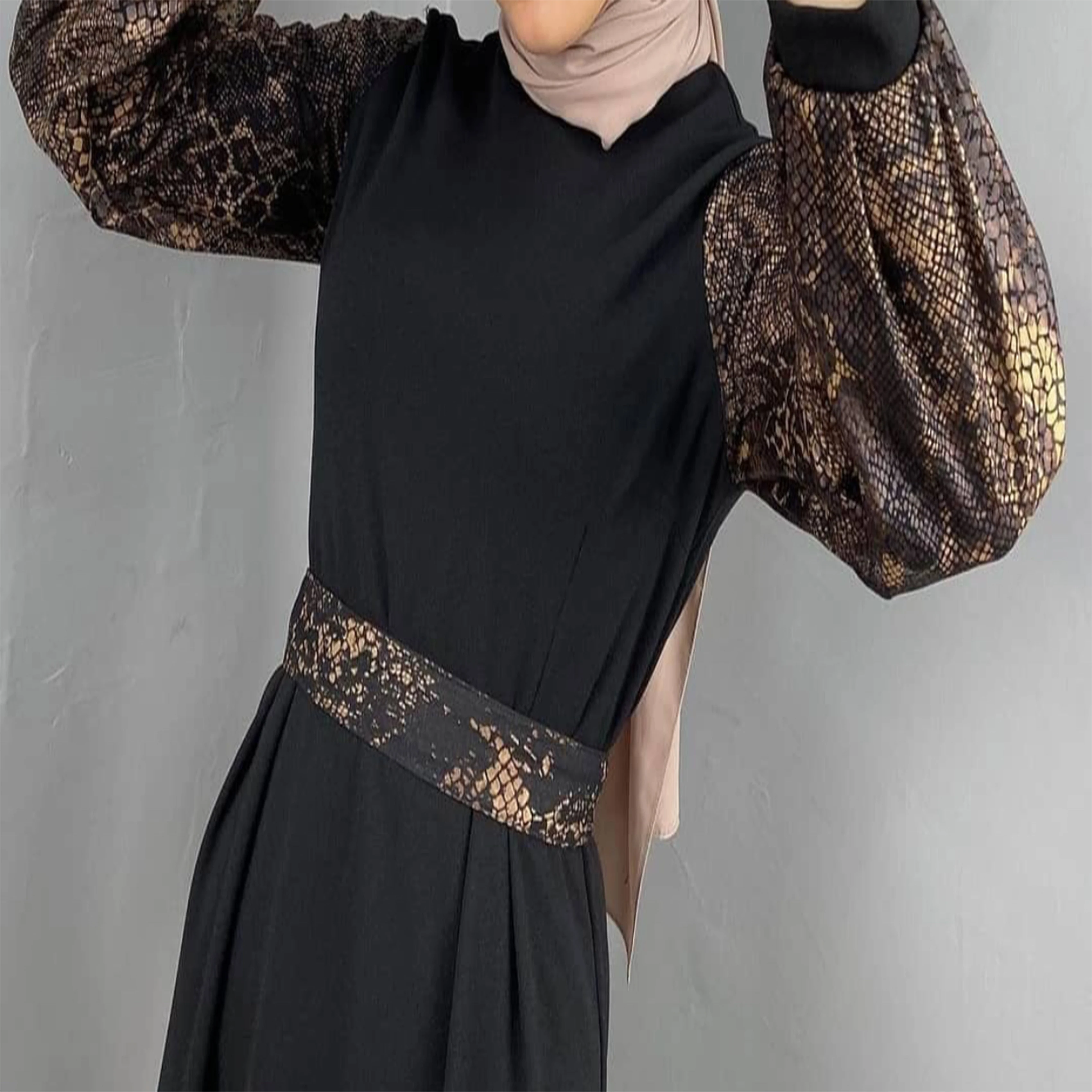 

Islamic Clothing, Leopard Pattern Dress, Muslim Fashion Sleeve And Belt Leopard Pattern, Lycra Dress , Pencil Long Dress