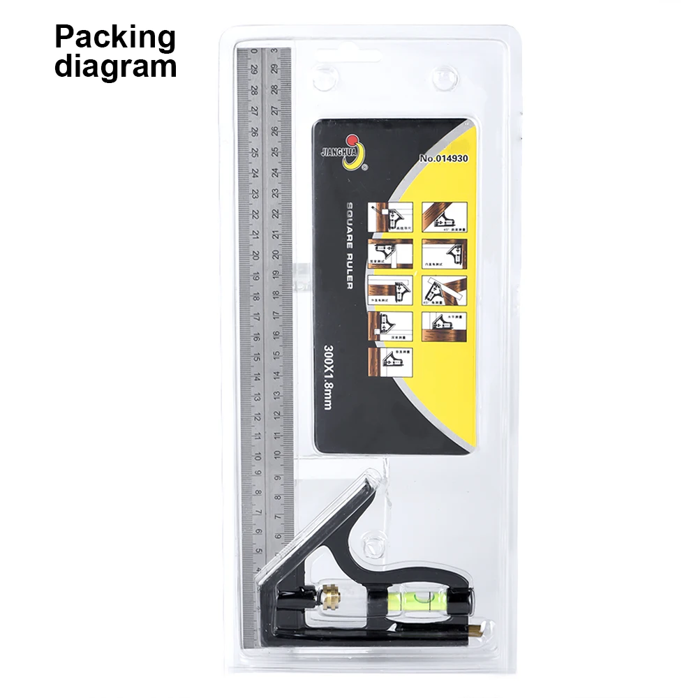 

QHTITEC 11.8inch Adjustable Combination Right Angle Ruler Square Ruler 45 / 90 Degree With Bubble Level Gauge Woodworking Tools