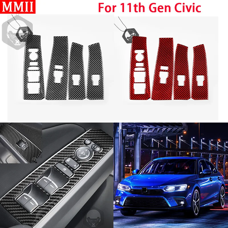 

RRX for 11Th Gen Honda Civic 2022 Interior Carbon Fiber 4 Doors Window Lift Switch Decoration Cover Trim Sticker Car Accessories