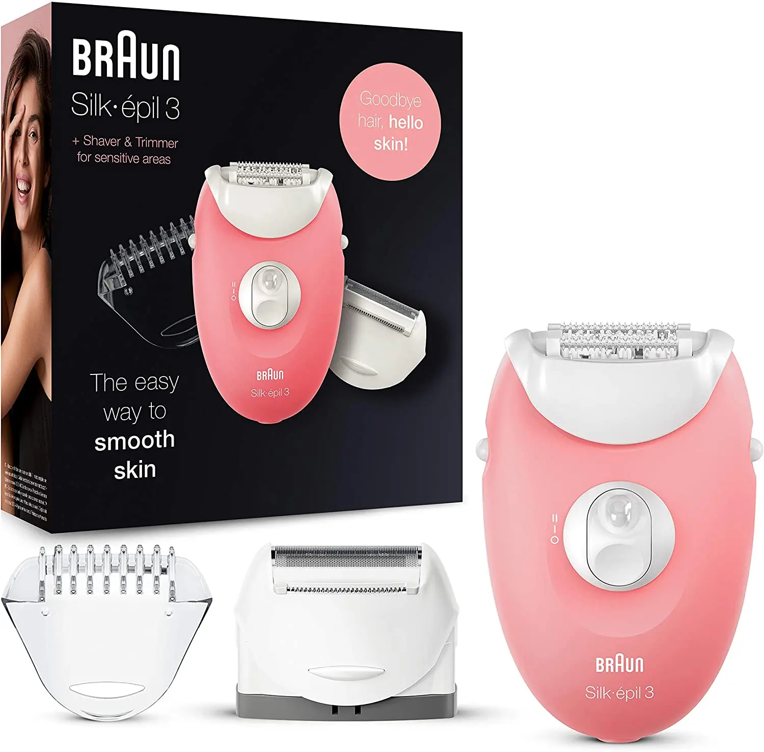 Braun 3440 Silk-Epil 3 Cord Dry Use Epilator with 2 Additional Heads, White and Pink
