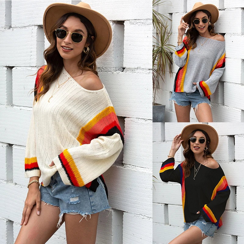 

Hollow Out Patchwork Color Knitted Sweaters Women 2020 Oversize Loose Pullover Tops Winter Casual Fashion O Neck Clothes Black