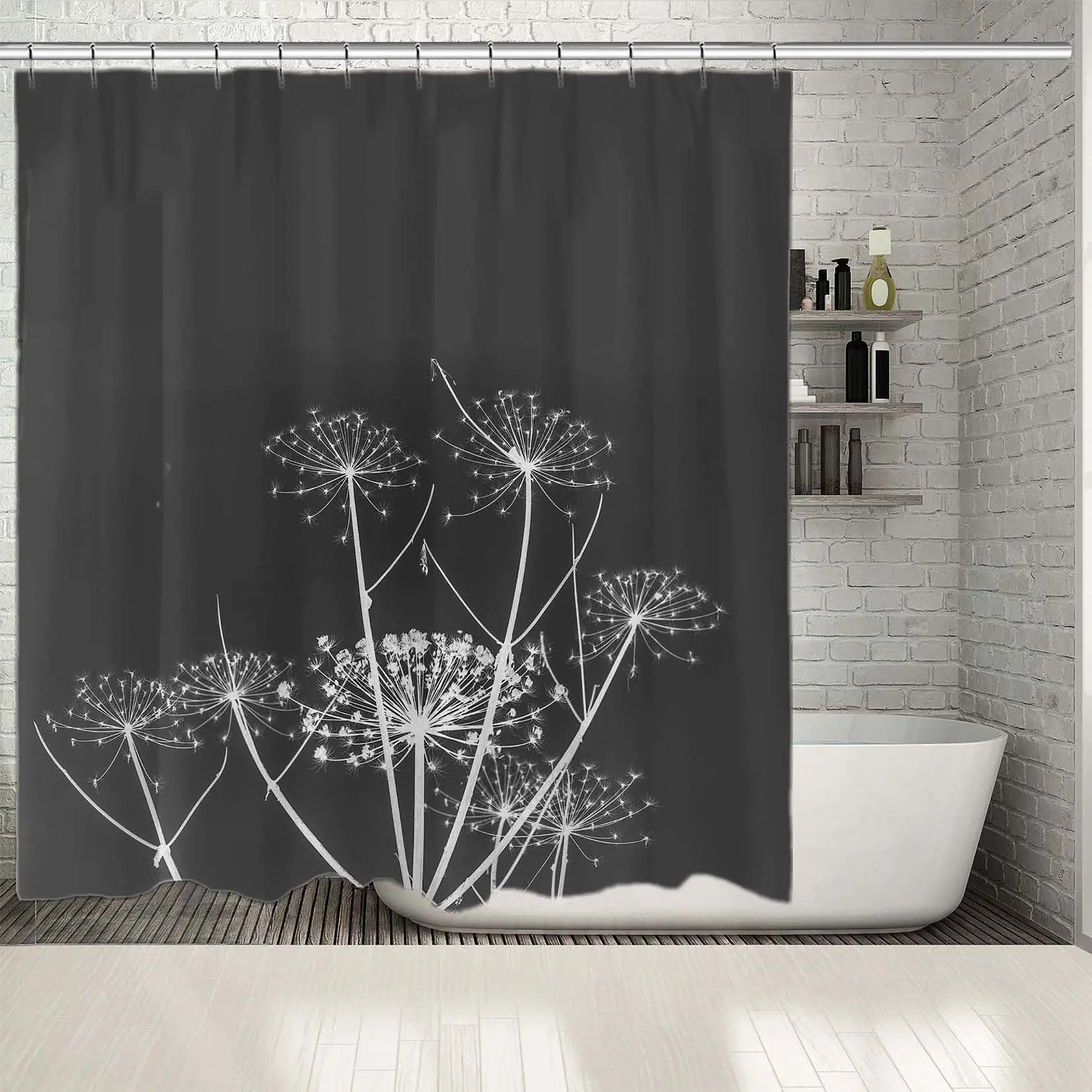 Занавеска для душа Одуванчик стебли цветы луг в природе Wilflower монохромная работа