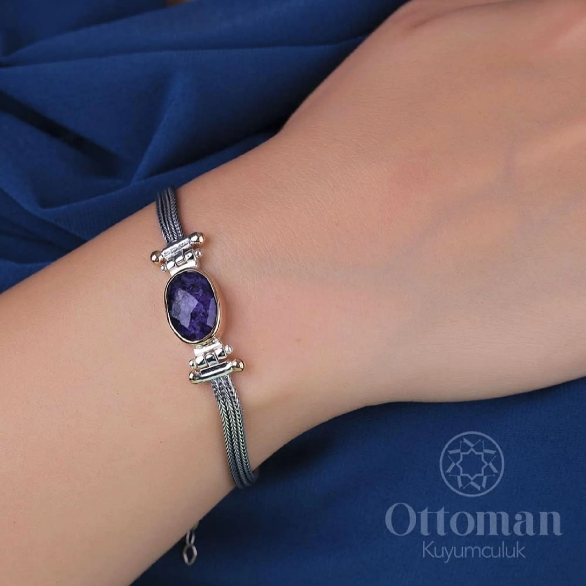 Women's Silver Amethyst Bracelet- Foxtail Chain- Amethyst Stone Bracelet- Turkish Handmade Jewelry- Adjustable Women Jewelry