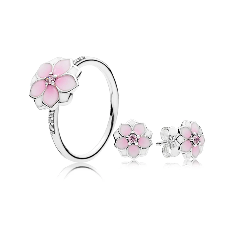 

2020 New 100% High Quality Original 1:1 Enamel Pink Magnolia Flower Earrings Necklace Women Retro Style Exquisite Gift Set