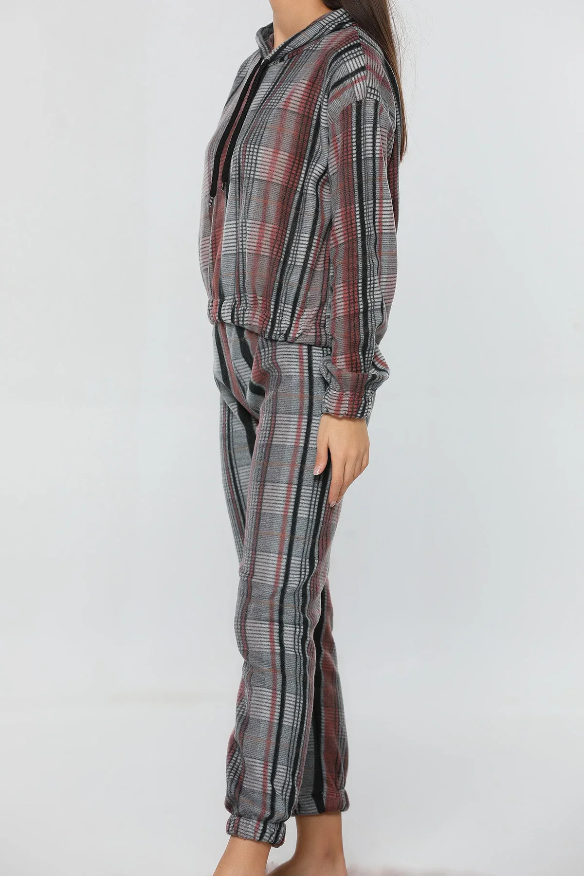 

Hooded Pajama Set 2 Pieces Top and Pant Set Interior Pyjamas Women Pijama Gray color