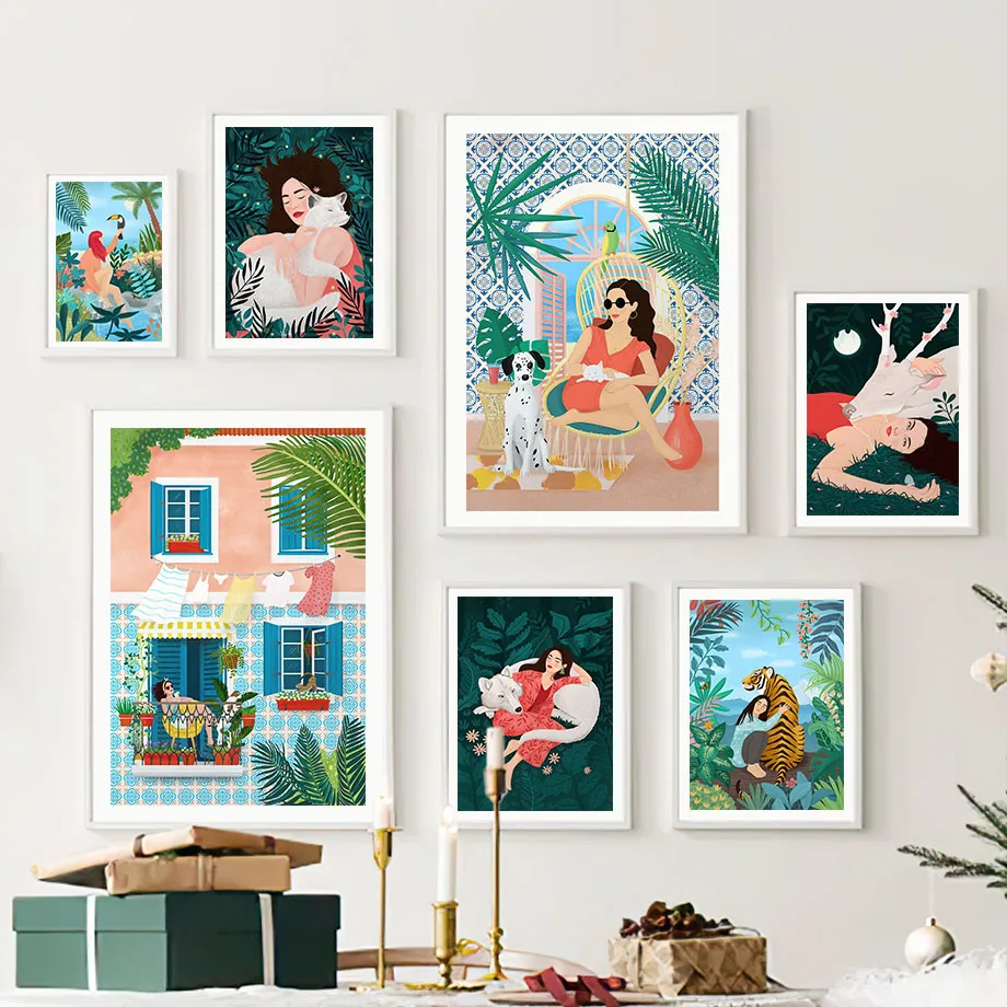 

Abstract Girl Polar Bear Tiger Deer Boho Jungle Wall Art Canvas Painting Posters And Prints Wall Pictures For Living Room Decor