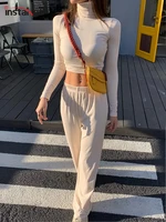 instahot women two piece wide leg pant set and crop top autumn casual elegant turtleneck minimalist classic outfit female 2021