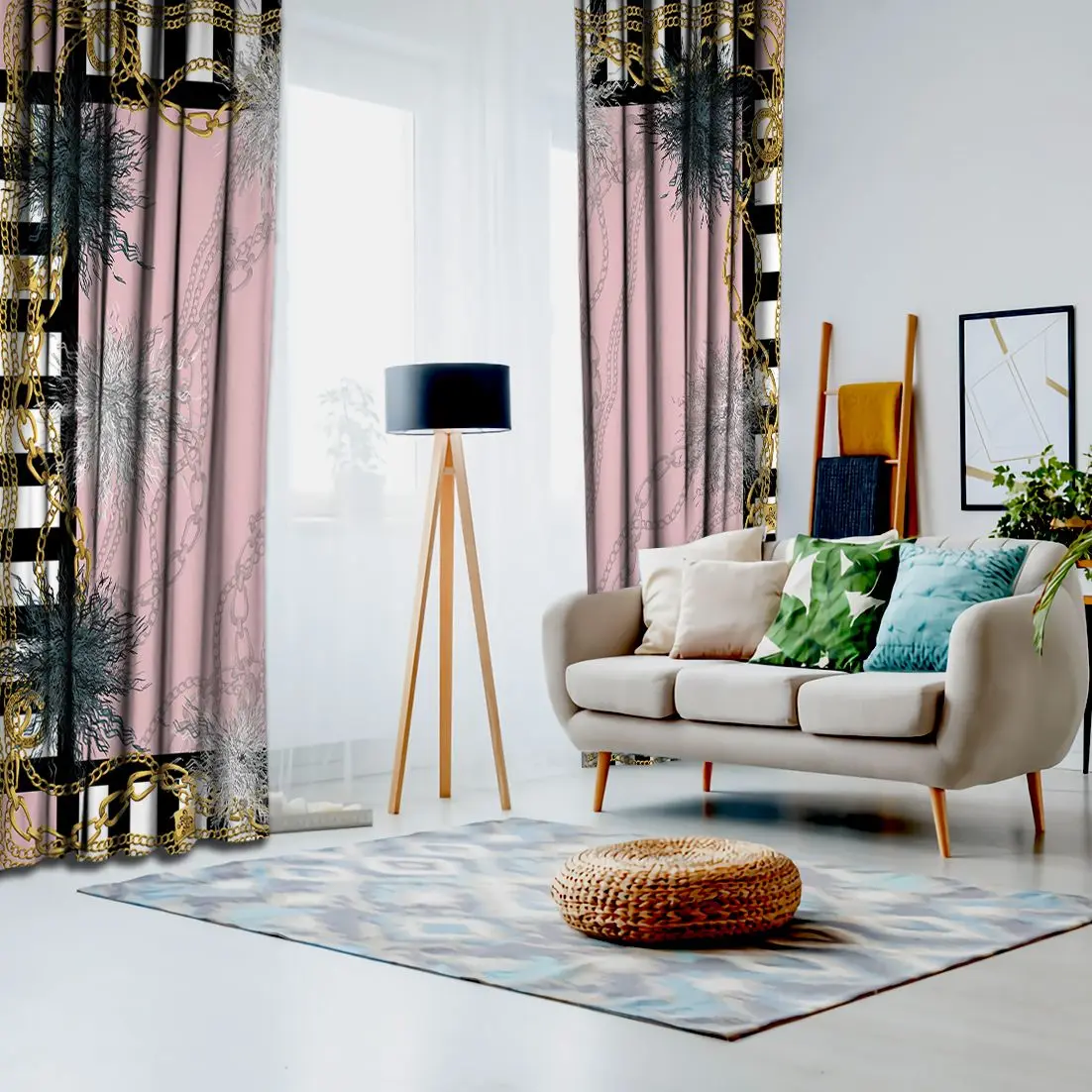 Занавески в полоску с золотой цепочкой и цветочным узором стиле барокко