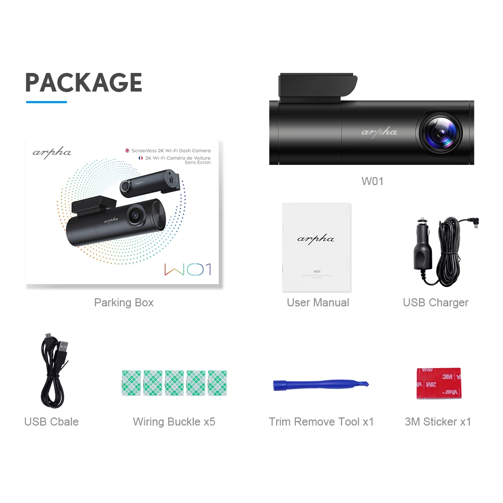Автомобильный видеорегистратор без экрана Arpha W01 встроенный GPS Wi-Fi 1600P HD ночное