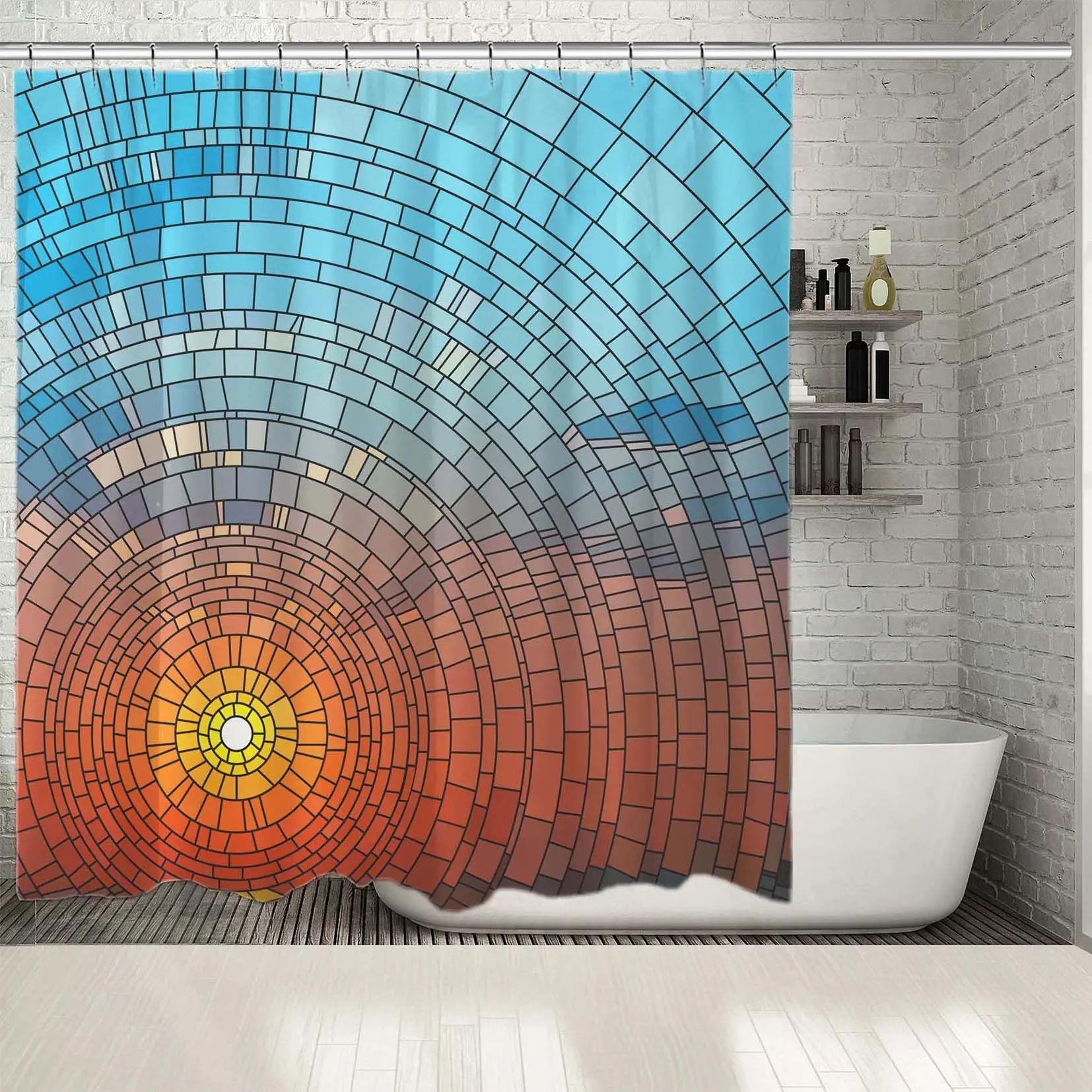 Занавеска для душа витражное окно с морским пляжем закат небо облаками мозаика