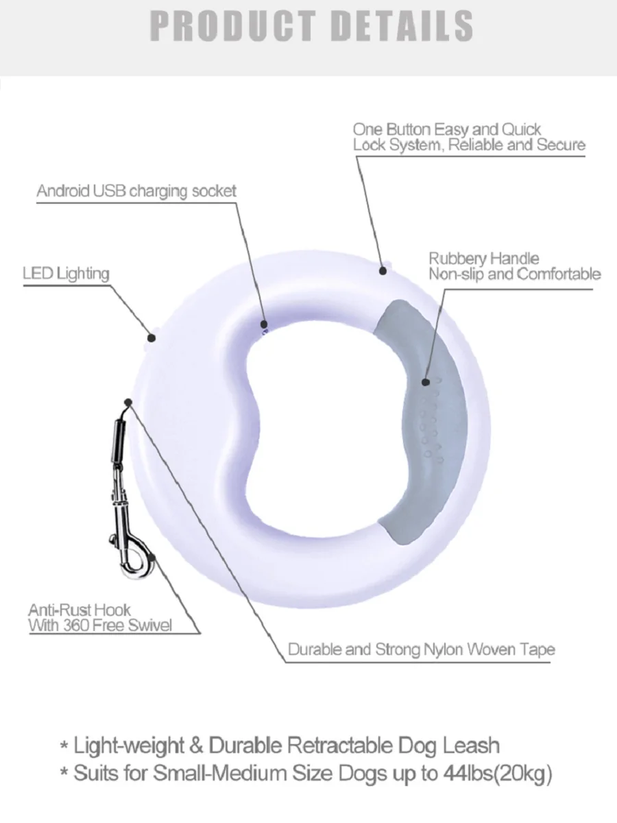 Поводок - рулетка для домашних животных собак со светодиодным фонарем RAMMAX Hands Free 3