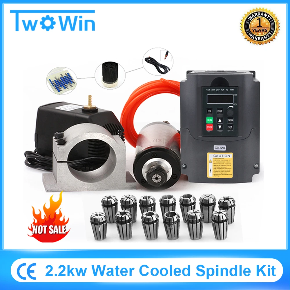 2.2kw Spindle Water Cooled Kit ER20 Milling Spindle Motor +2.2KW VFD+ 80 Clamp + Water Pump +13pcs ER20+1m Cable for CNC Router