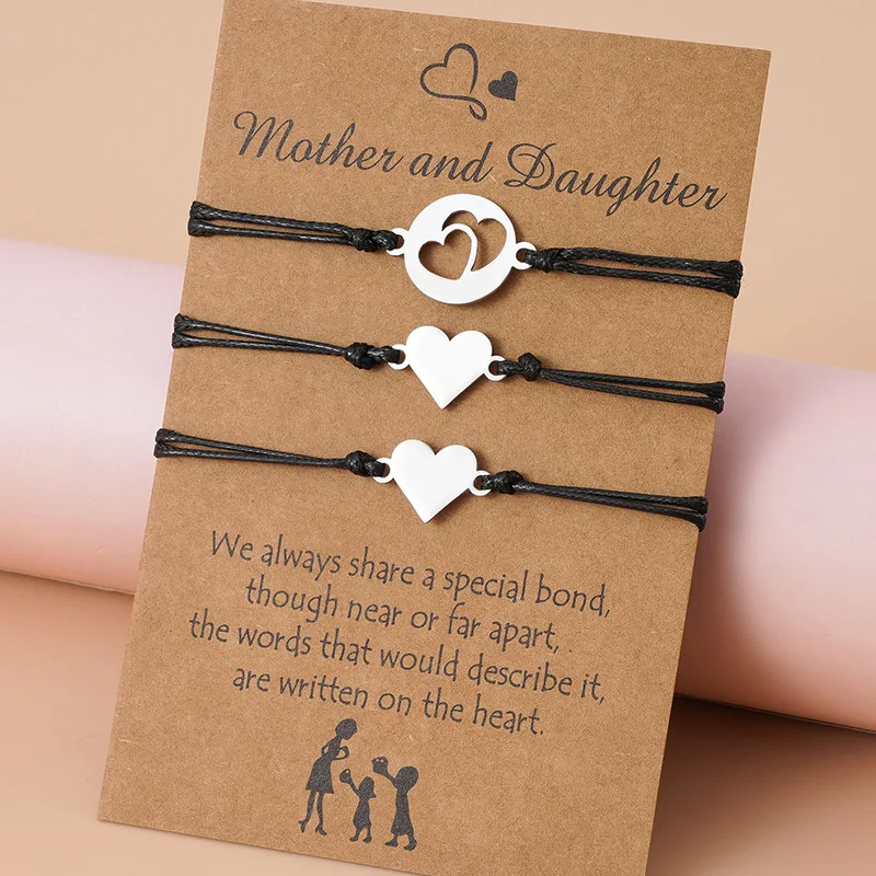 

Handmade Charm Bracelet For Mother Stainless Steel Hollow Heart Adjustable Rope Chain Bracelet Sweet Mother's Day Jewelry Gift