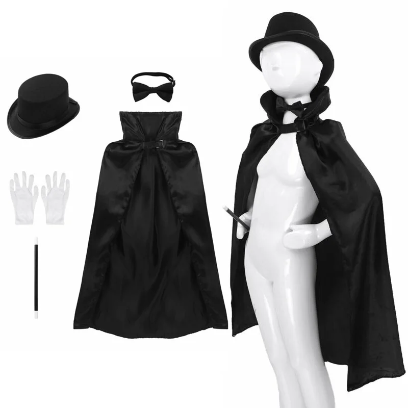 

5Pcs Kids Magician Role Play Costume Outfit Cape Hat Magic Wand Gloves Necktie Set for Halloween Cosplay Fancy Party Dress Up