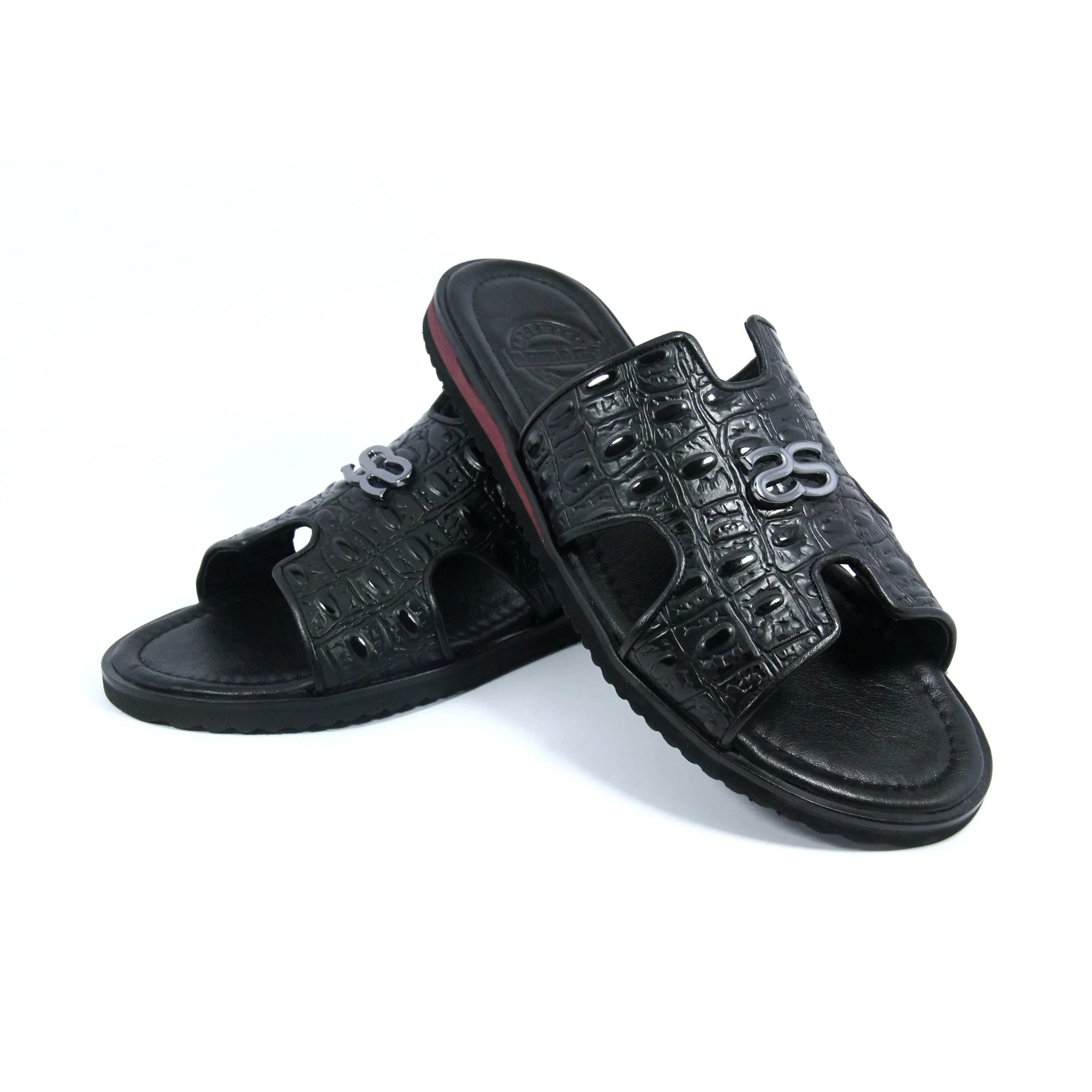 

Handmade Black Leather Sliders, Real Calfskin, Realistic Embossed Croco Alligator Pattern, Lightweight EVA Sole, Slippers